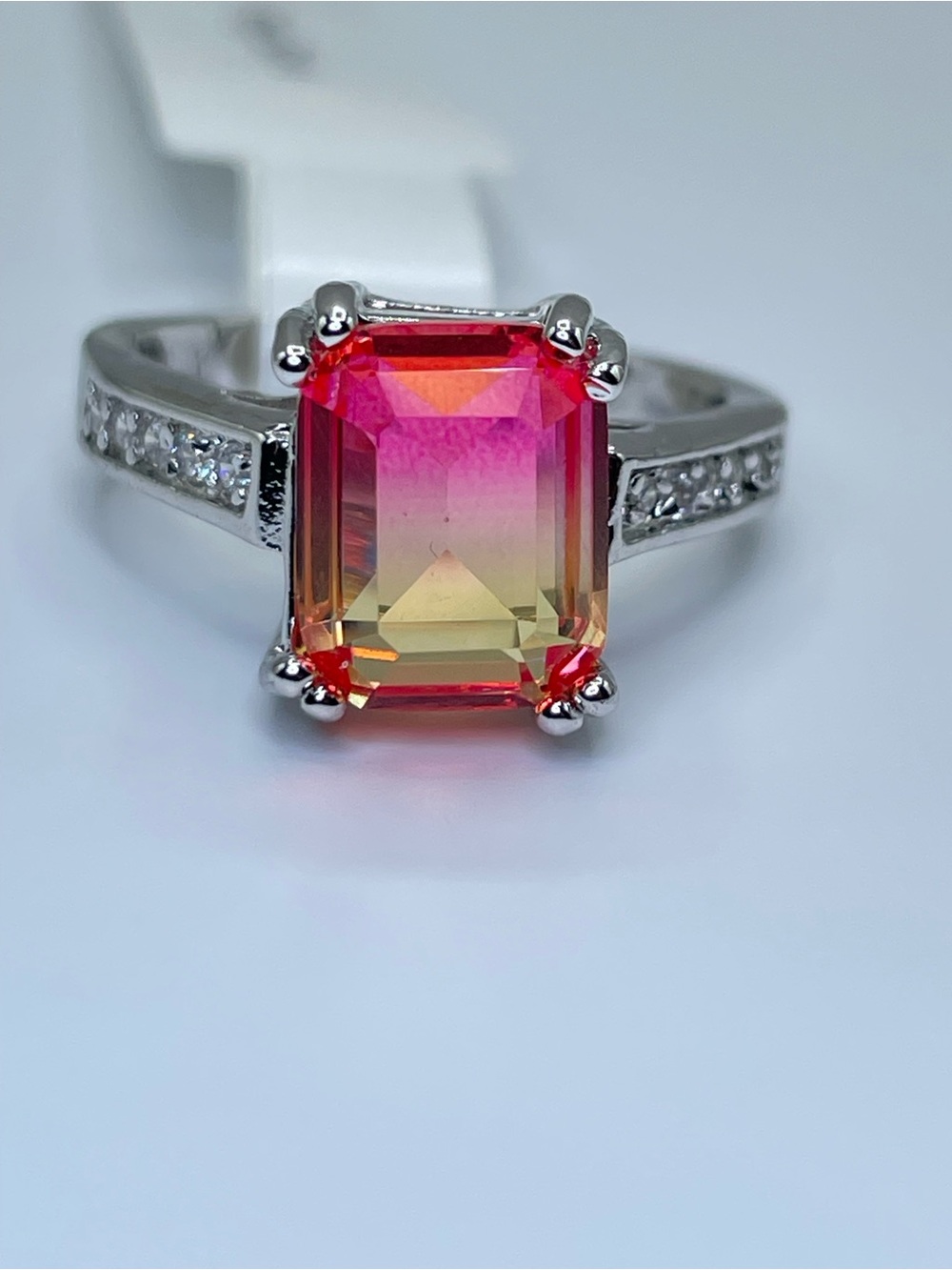 Swarovski Crystal Elements Pink Yellow Emerald Cut Crystal Statement Ring Sz 6